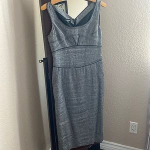 Beautiful sleeveless grey dress with black leather trim
